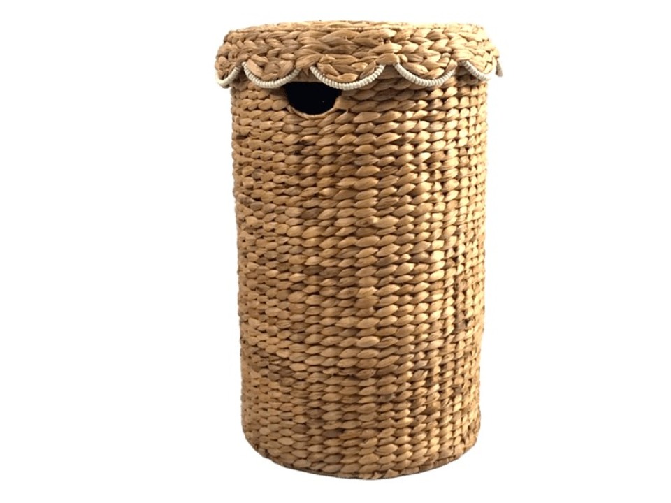 Top-tier Cylindrical Water Hyacinth Laundry Hamper with Scalloped Lid and Handles